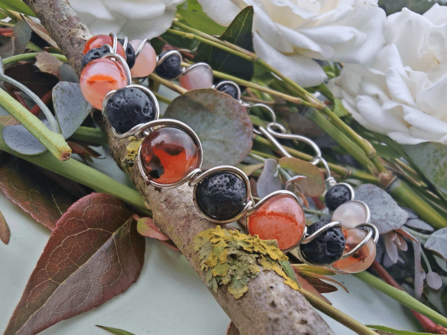 Bracelet antique agate de feu et pierre de lave