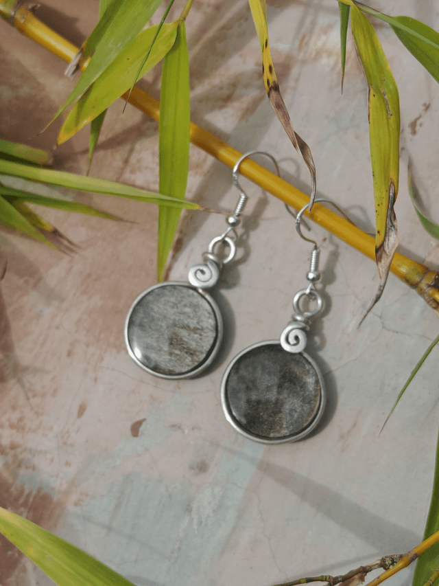 boucles d'oreilles en obsidienne argenté