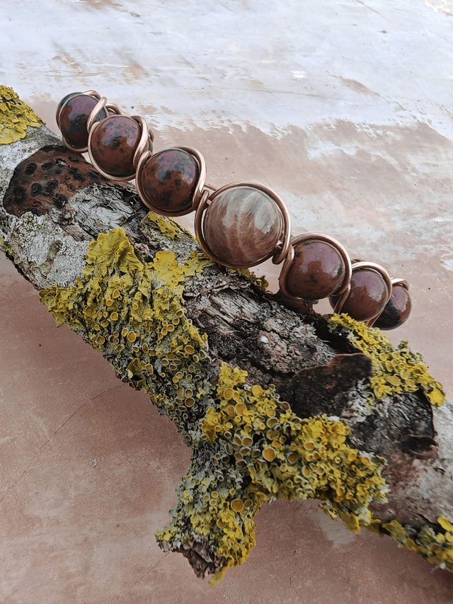 Bracelet antique obsidienne acajou et pierre de lune