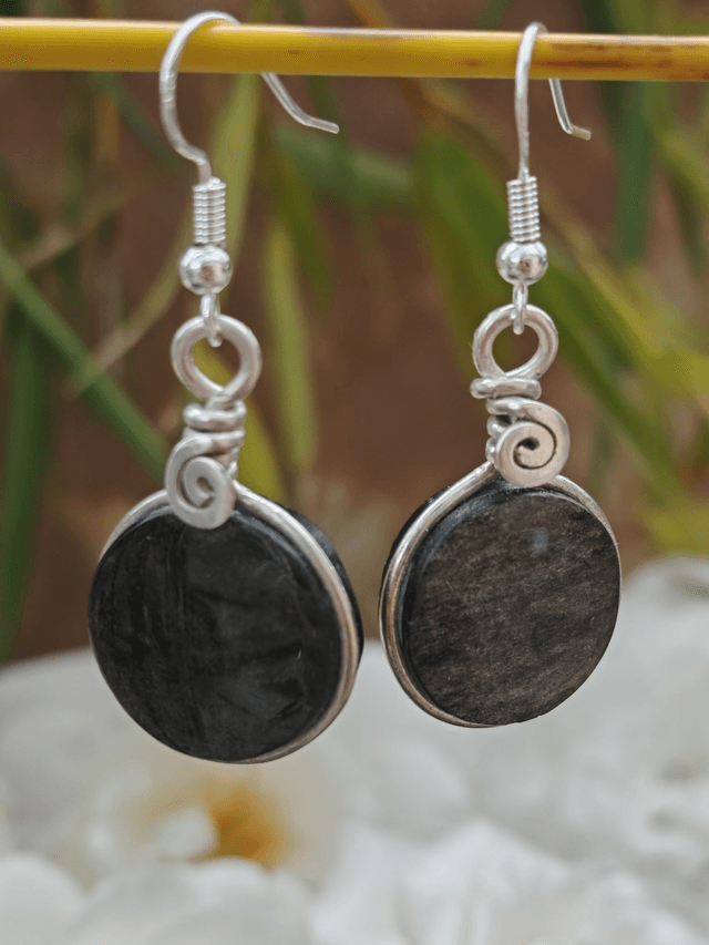 boucles d'oreilles en obsidienne argenté