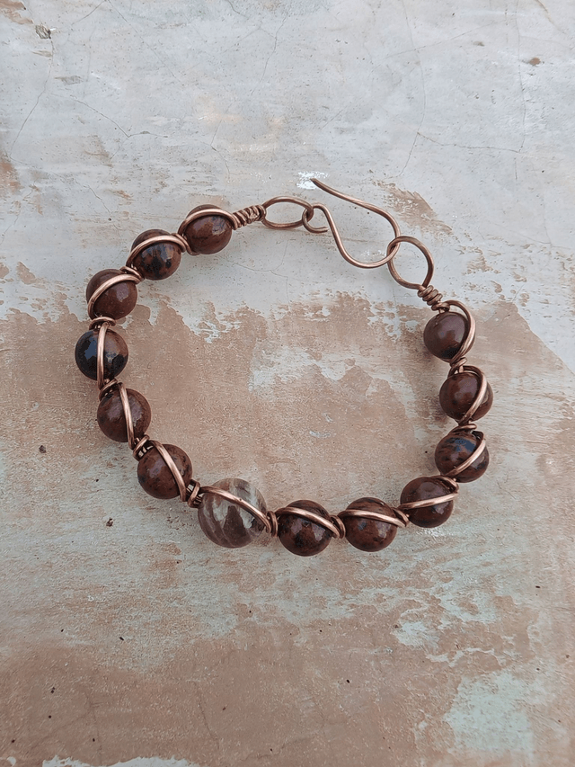 Bracelet antique obsidienne acajou et pierre de lune